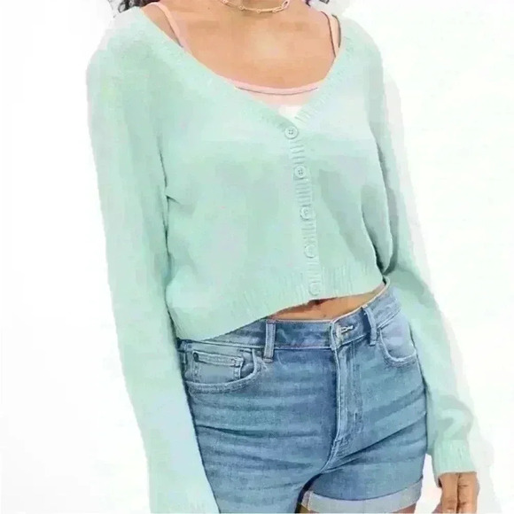 NWT American Eagle Mint Green Cropped Button Front Cardigan Women’s Size X-Large - Picture 1 of 5